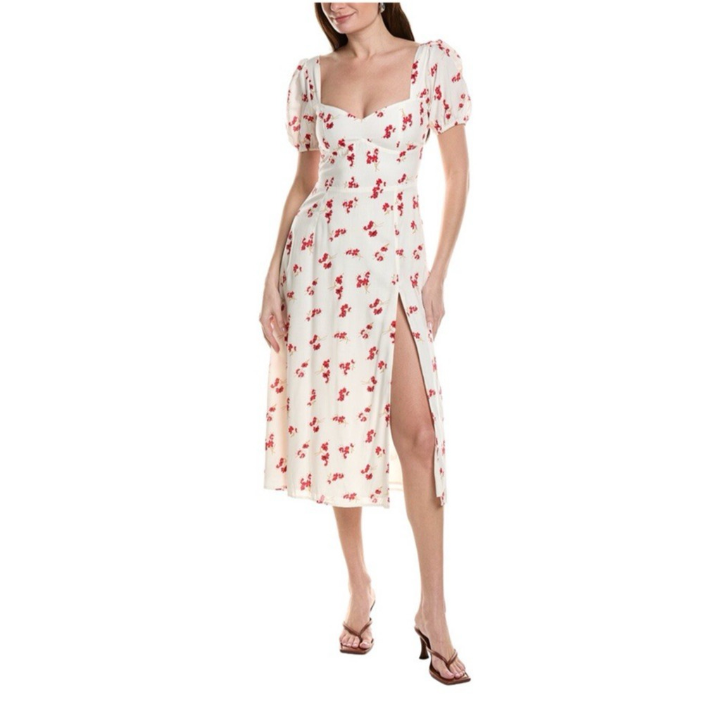 Bardot‎ NWT White Floral Print Midi Dress 8 Puff Sleeve Slit Resort Vacation
